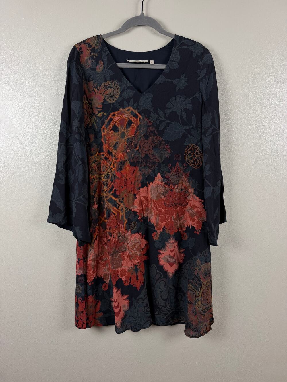 Soft Surroundings Santa Caterina Dress XS Floral Paisley Navy Bell Sleeve Boho